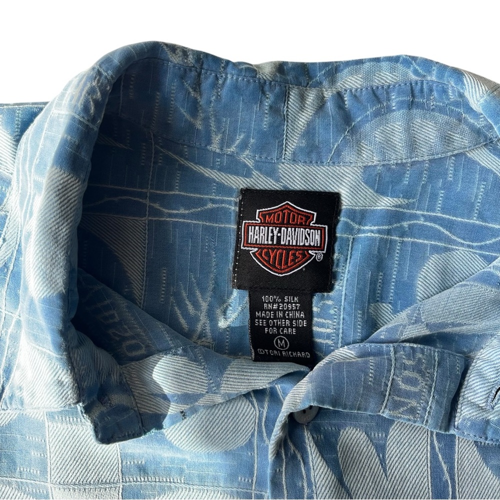 Harley Davidson Silk Baby Blue Pattern Button Down Short Sleeve Shirt - Picture 4 of 5